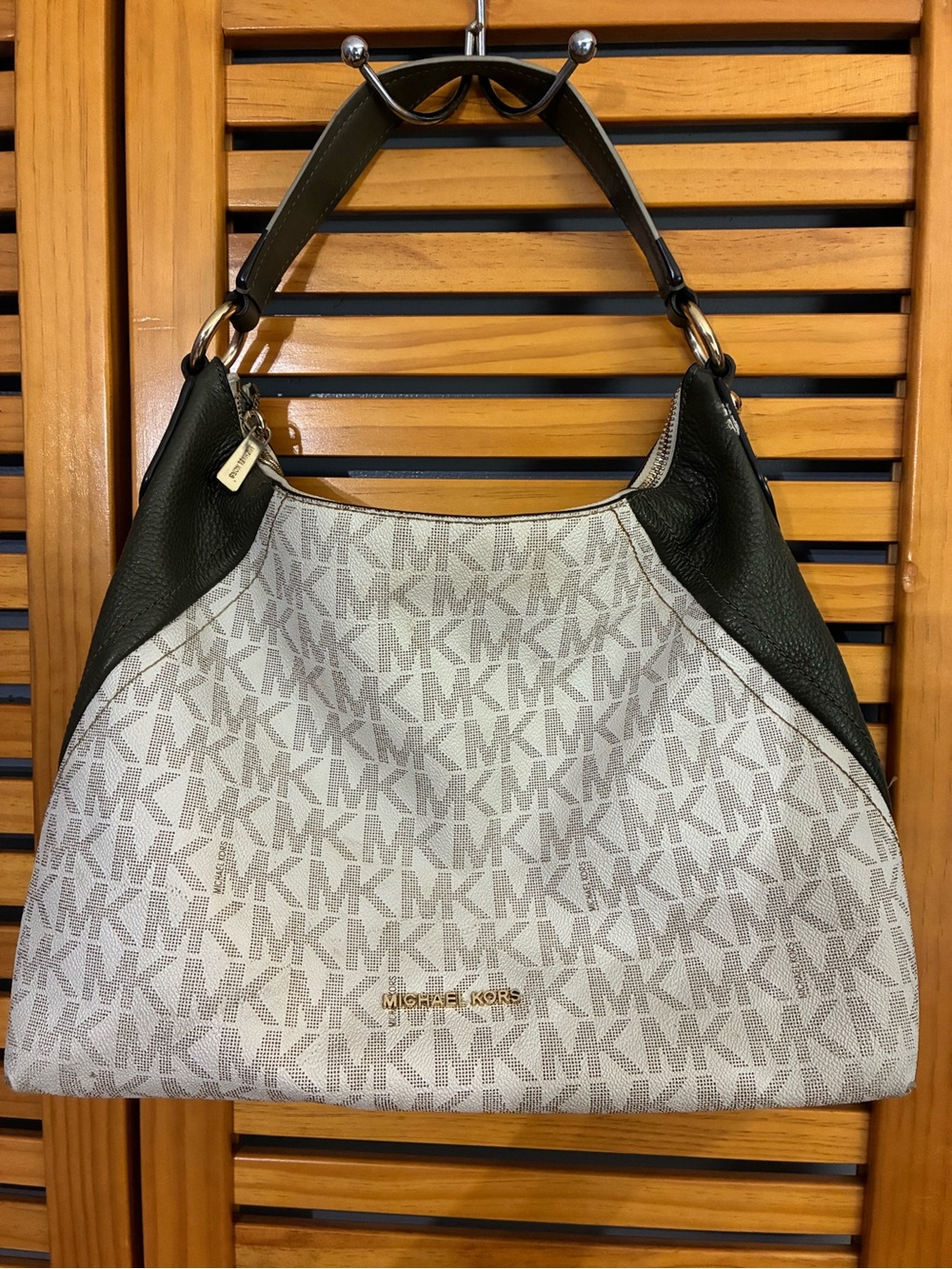 Michael Kors Cream and Black MK Logo Shoulder Hobo
